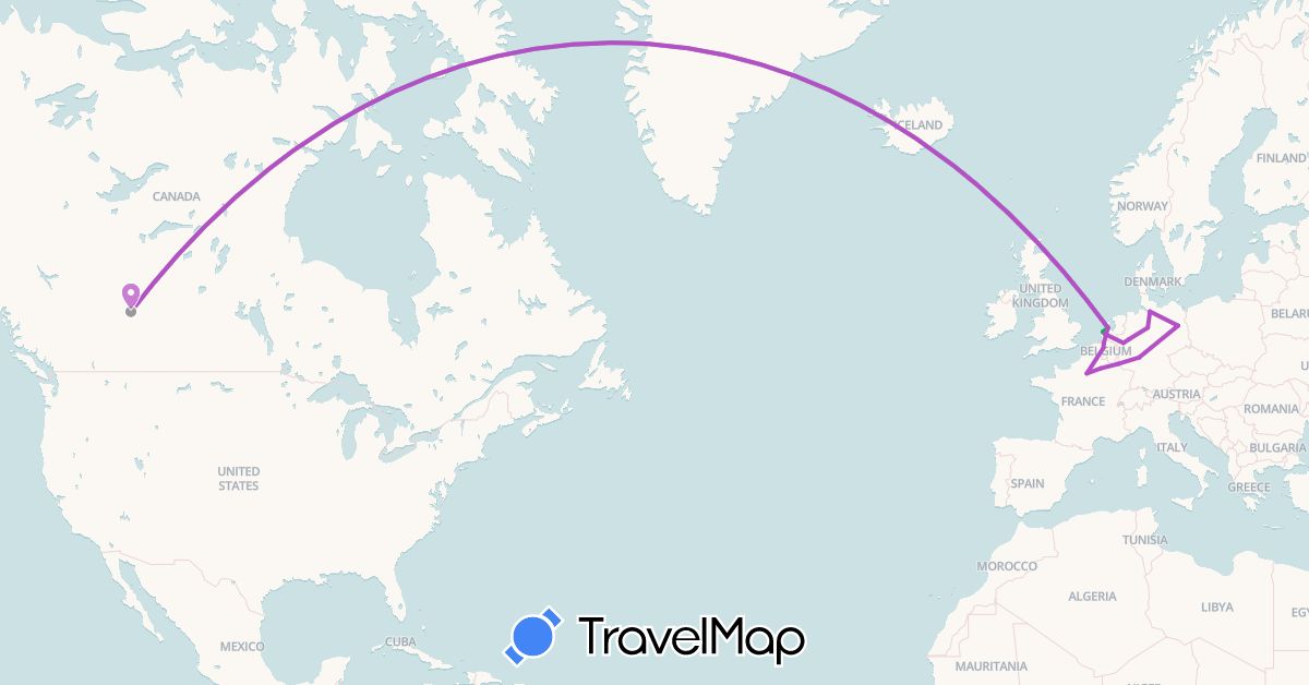 TravelMap itinerary: driving, bus, plane, train in Belgium, Canada, Germany, France, Luxembourg, Netherlands (Europe, North America)
